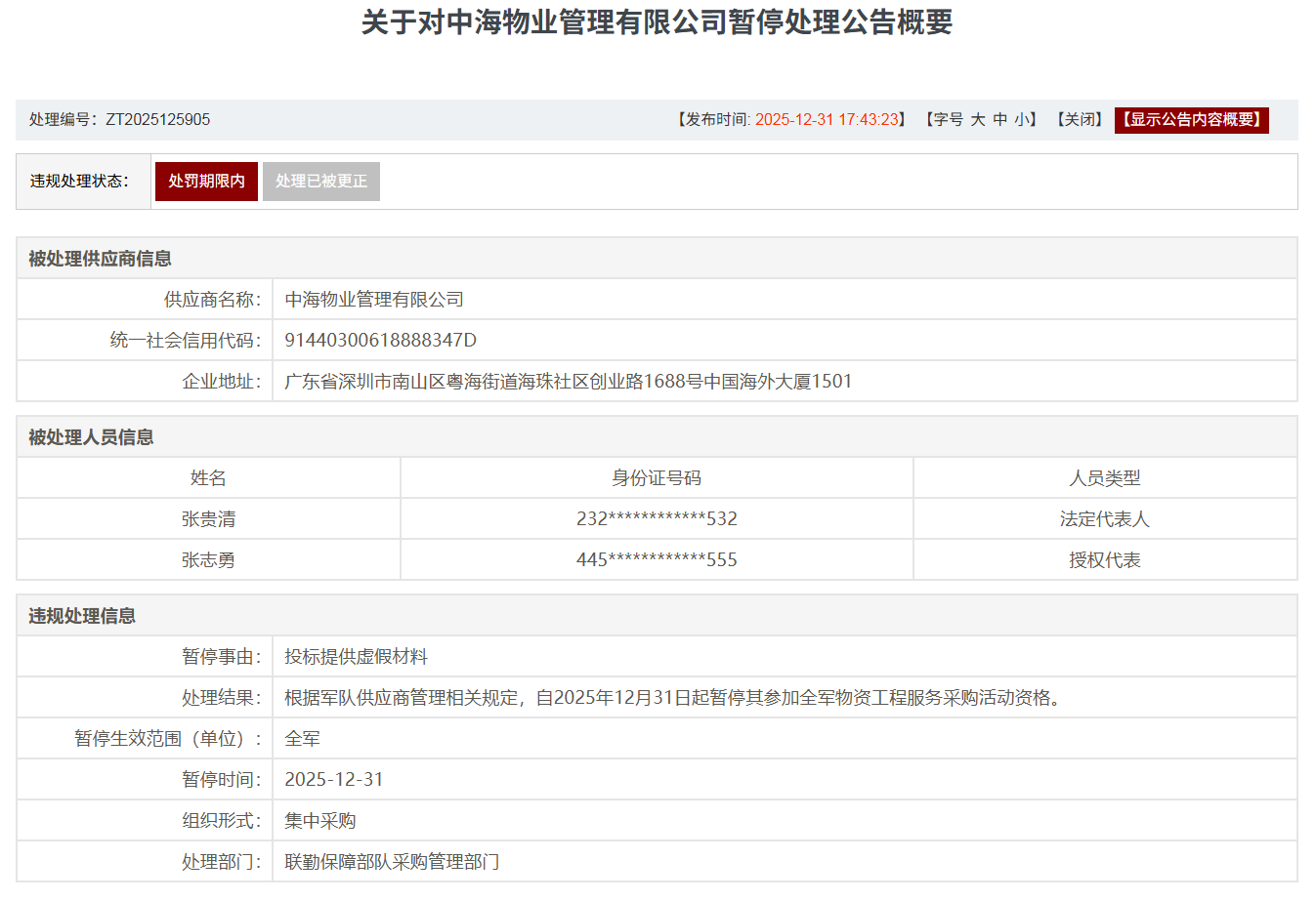 中海物业管理有限公司因投标提供虚假材料被