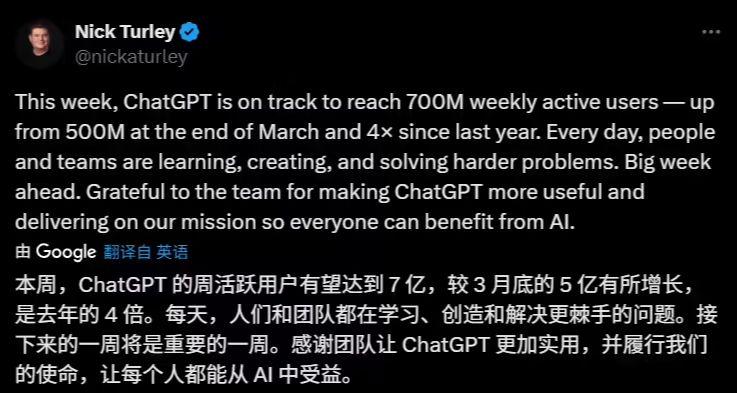 OpenAI：ChatGPT 本周有望达 7 亿周活跃用户，比去年增长 4 倍多 - 兰州联臻能源网