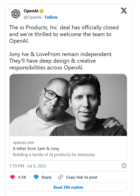 OpenAI 迄今最大交易落地，65 亿美元完成收购前苹果首席设计师 Jony  - 兰州联臻能源网