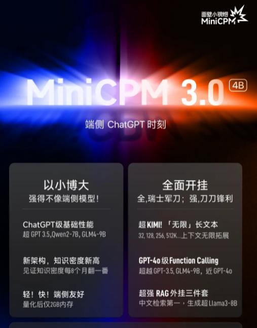 面壁智能发布小钢炮MiniCPM 3.0端侧模型：2GB内存即可运行 性能超GP - 兰州联臻能源网