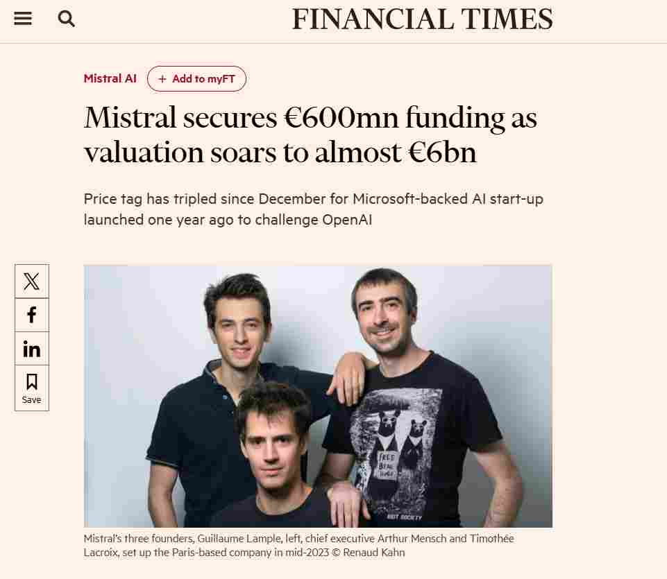 拿下 6 亿欧元融资，“OpenAI 欧洲对手”Mistral 估值飙升至近 6 - 兰州联臻能源网