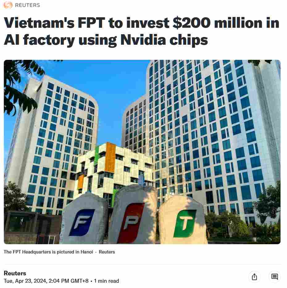 英伟达与越南科技巨头 FPT 达成合作，将投资 2 亿美元共建 AI 工厂