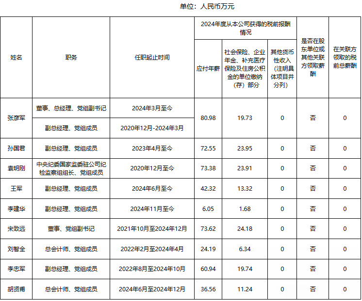 东方电气集团企业负责人2024年度薪酬情