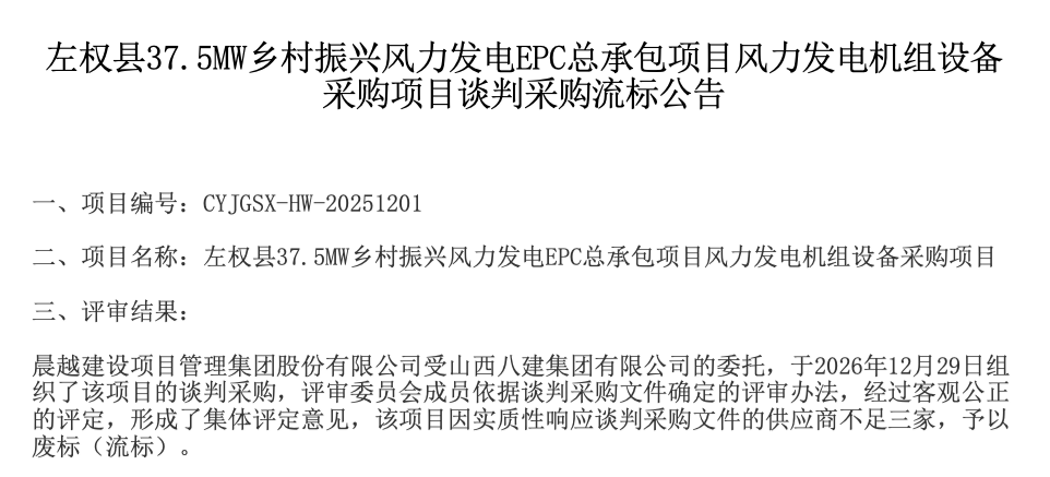 投标人不足三家！山西37.5MW风电机组采购流标 - 兰州联臻能源网