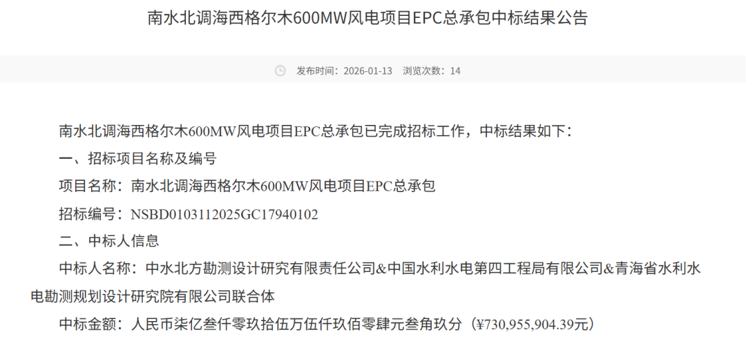 南水北调配套600MW风电项目EPC总承包花落联合体，中标价超73亿元 - 兰州联臻能源网
