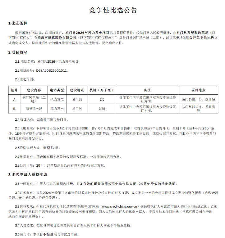 云南易门县风电项目启动竞争性比选，总装机容量62.5兆瓦 - 兰州联臻能源网