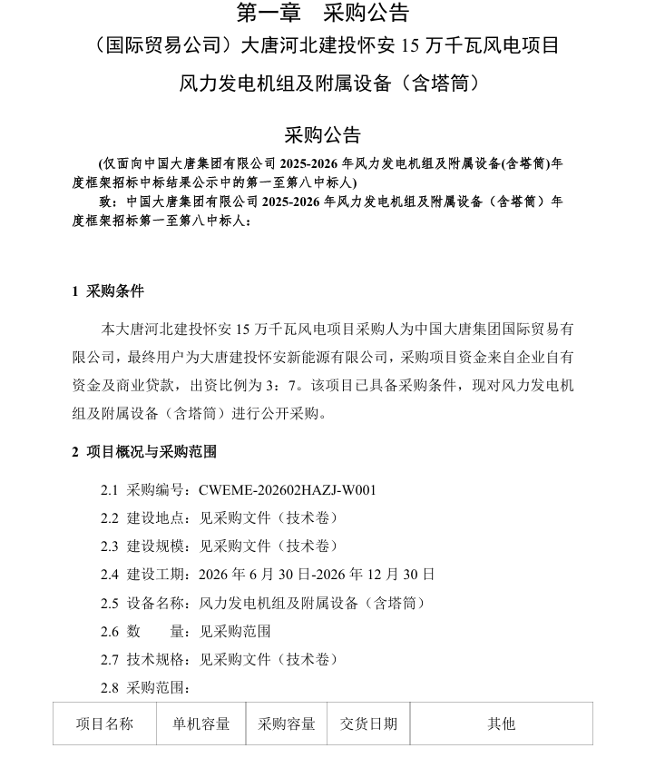 大唐250MW风电项目机组招标！ - 兰州联臻能源网
