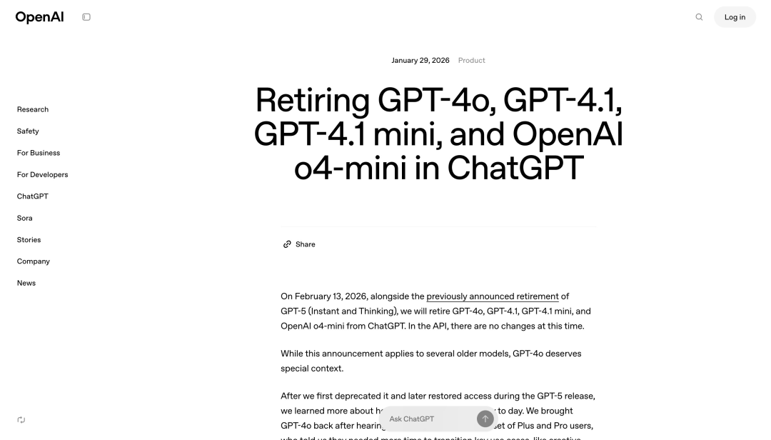 OpenAI 宣布下月退役 GPT‑4o